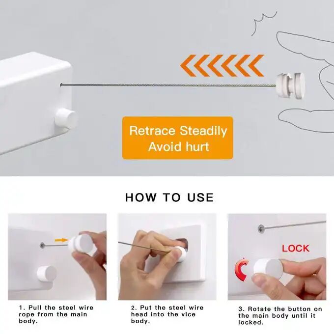 Corde À Linge Rétractable D'intérieur Avec Corde De Séchage Murale Réglable En Acier Inoxydable thumbnail 2