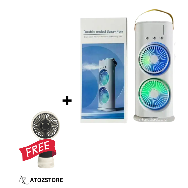 Pack Ventilateur Double Tête Avec Brumisateur Rechargeable Usb + Mini Ventilateur Offert, Couleur Et Design Aléatoire