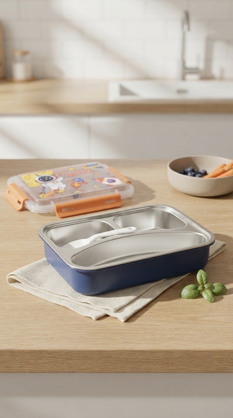Lunch Box Isotherme Inox 3 Compartiments Avec Cuillère – 20 × 14 Cm thumbnail 1
