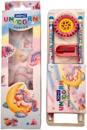 Unicorn Junior Kit - (1n. Wax Crayon Pack (10 Shades) + 2 N. Pencils + 1 N. Eraser + 1 N. Sharpener) 