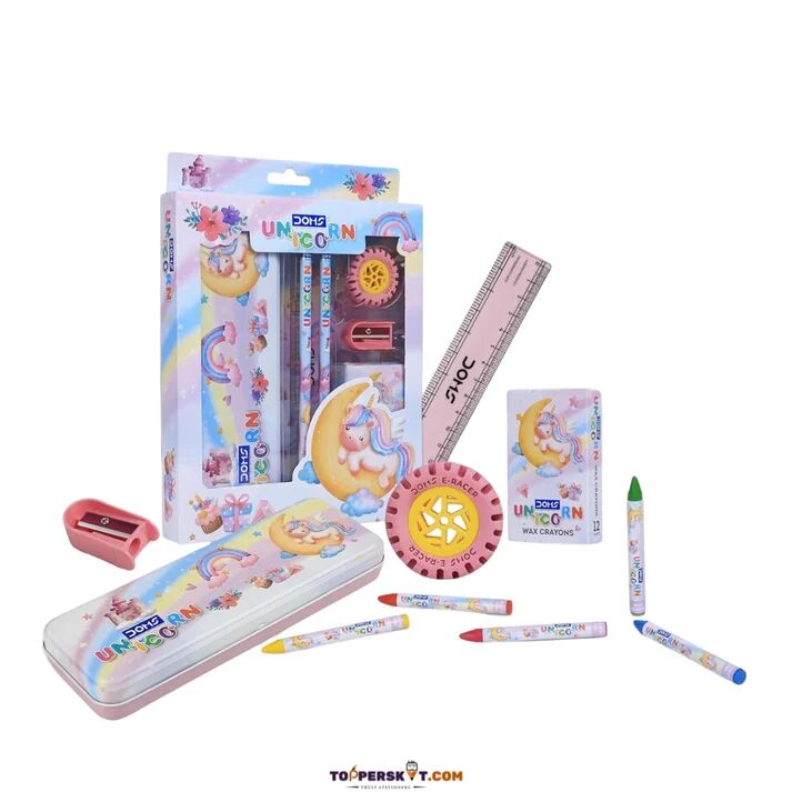 Unicorn Kit - (1 N. Tin Box + 1 N. Wax Crayon Pack (12 Shades) + 2 N. Pencil + 1 N. Eraser + 1 N. Scale + 1 N. Sharpner) 
