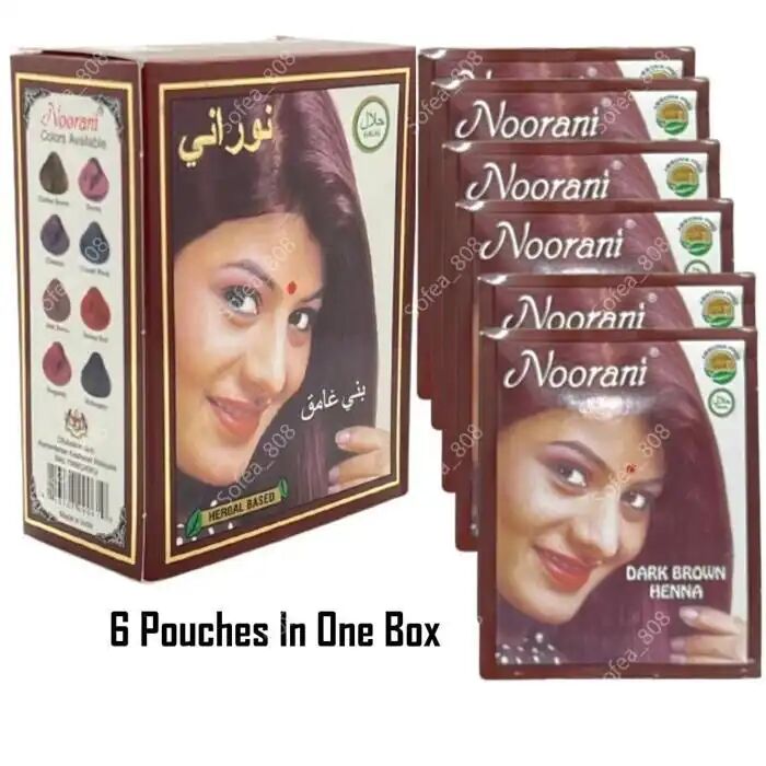 Coloration Capillaire - Henné Noorani - Brun Foncé - 6 Sachets X 10 G - Couverture Cheveux Gris