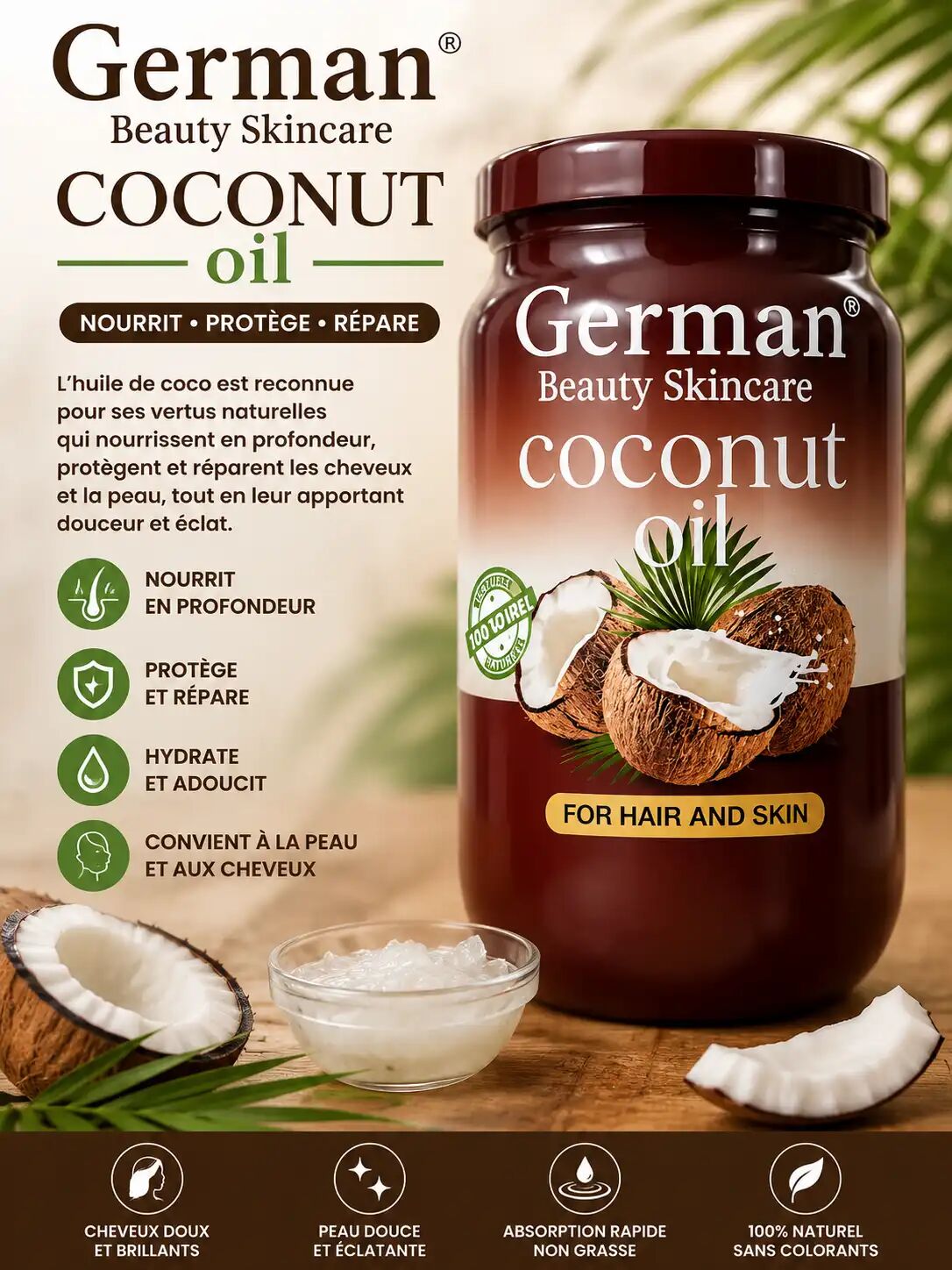Huile De Coco Naturelle - Soin Nourrissant Pour Cheveux Et Peau