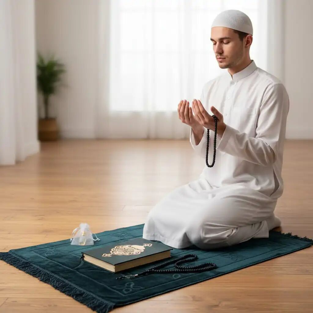Coffret Cadeau Religieux: Saint Coran, Tapis De Prière 70x110cm, Tasbih Et Musc thumbnail 3