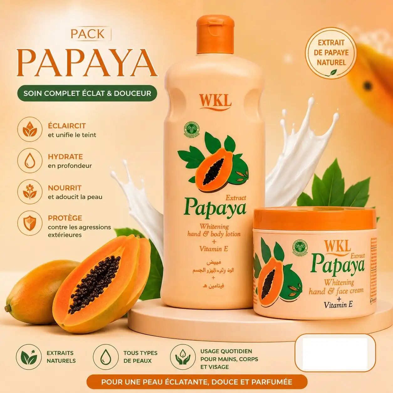 Pack Papaya - Lotion Corps & Mains + Crème Visage & Mains À Lextrait De Papaye Et Vitamine E