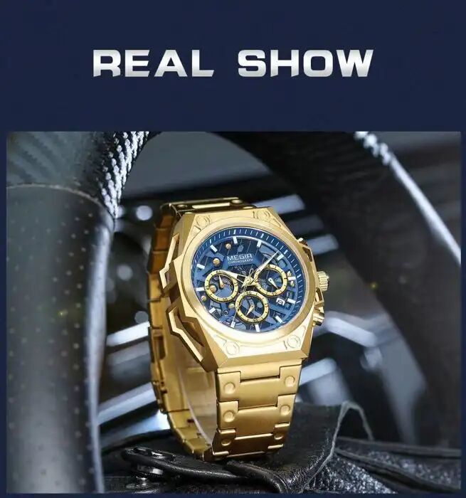 Montre - Luxe Or - Chronographe - Étanche 50m - Aiguilles Lumineuses