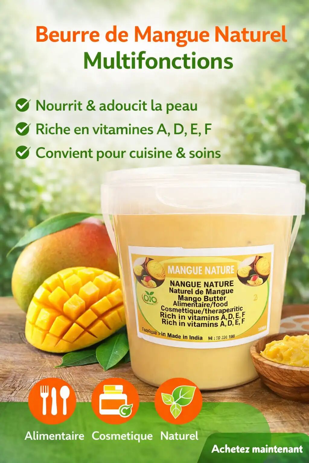 Beurre De Mangue Naturel - 100% Pur & Multifonctions 1 Kilo Riche En Vitamine A, D, E, F thumbnail 4