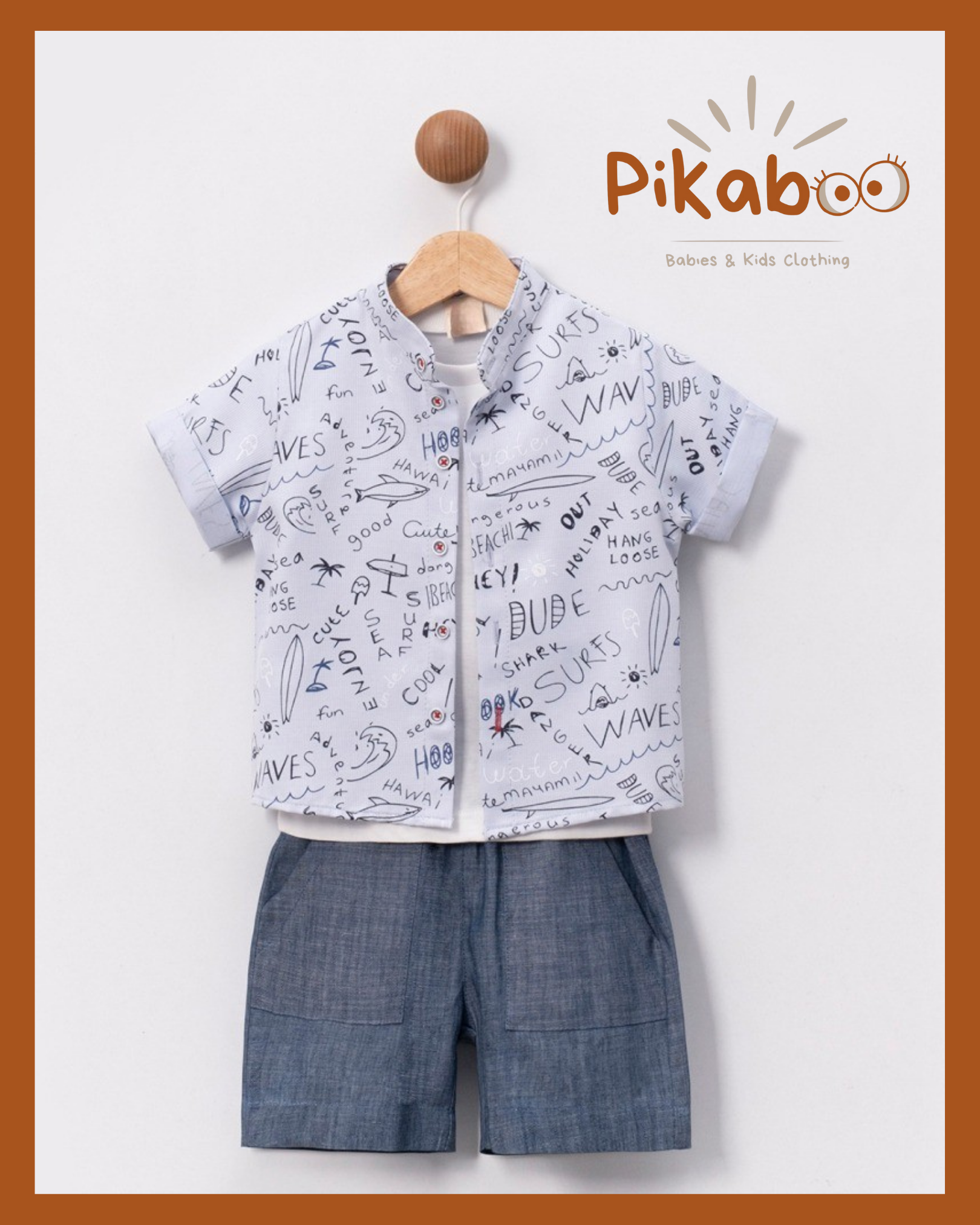 Ensemble Short Jean, T-shirt Et Chemise À Revers Surf Et Bonnes Vibes
