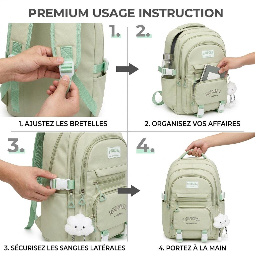 Ensemble 3 Pièces Sac à Dos, Sac à Main Bandoulière et Trousse – Vert Clair thumbnail 4