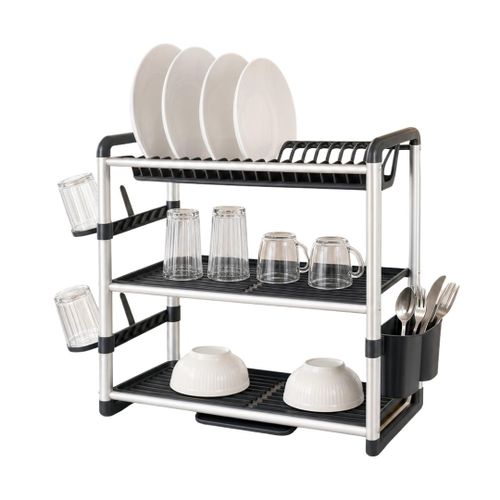 Égouttoir À Vaisselle 3 Niveaux En Aluminium Avec Bac D'égouttage Et Porte-couverts - Sem-7432