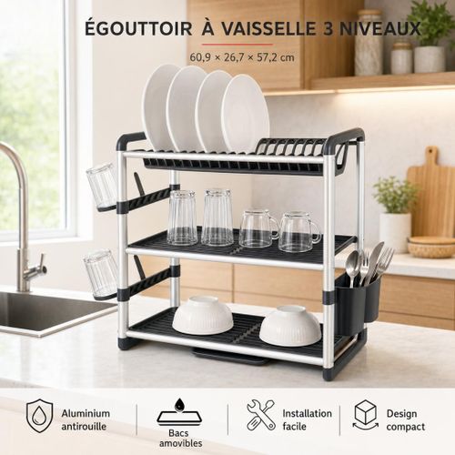Égouttoir À Vaisselle 3 Niveaux En Aluminium Avec Bac D'égouttage Et Porte-couverts - Sem-7432