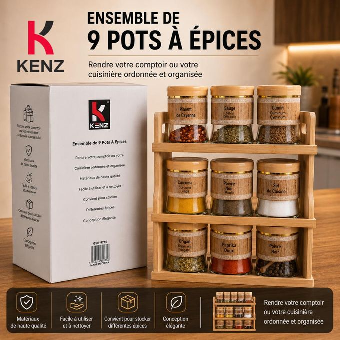 Ensemble 9 Pots À Épices En Verre Avec Support En Bambou - Gsr-9716 thumbnail 2