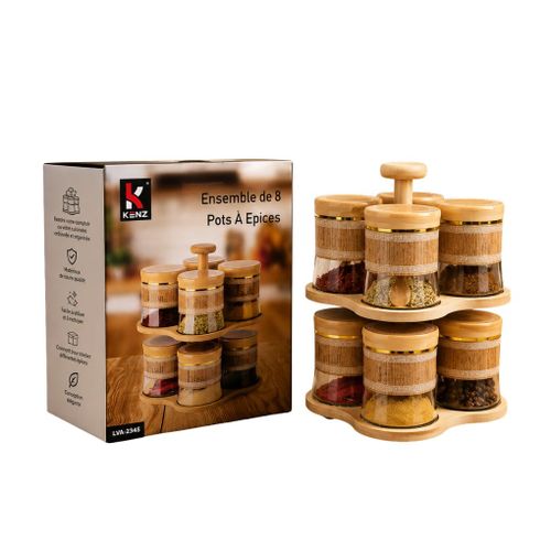 Ensemble De 8 Pots À Épices En Verre Avec Support Rotatif - Lva-2345