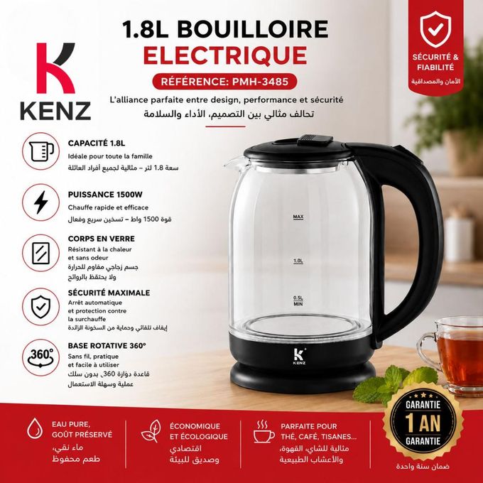 Kenz Bouilloire Électrique 1,8 L En Verre 1500 W Base Rotative 360°, Pmh-3485