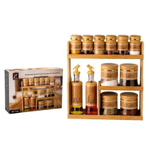 Ensemble 10 Pots À Épices Et 2 Huiliers En Verre Avec Support En Bambou - Krl-7140