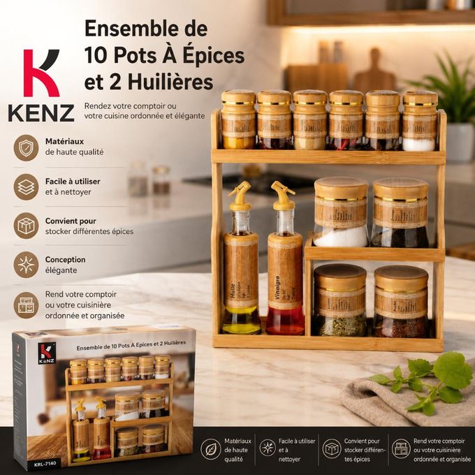 Ensemble 10 Pots À Épices Et 2 Huiliers En Verre Avec Support En Bambou - Krl-7140