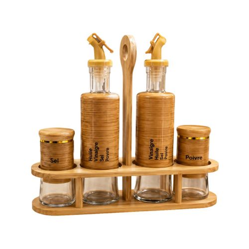 Ensemble 5 Pièces Huile Vinaigre Et Épices, Bouteilles En Verre, Jal-5160