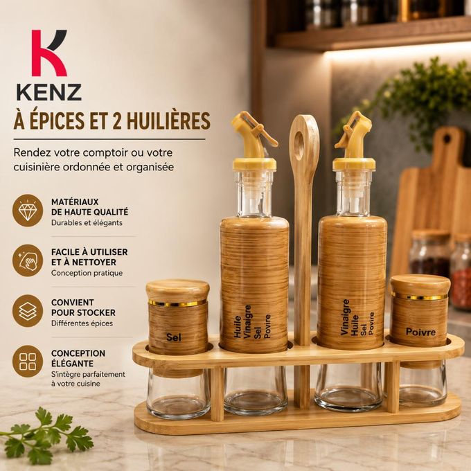 Ensemble 5 Pièces Huile Vinaigre Et Épices, Bouteilles En Verre, Jal-5160