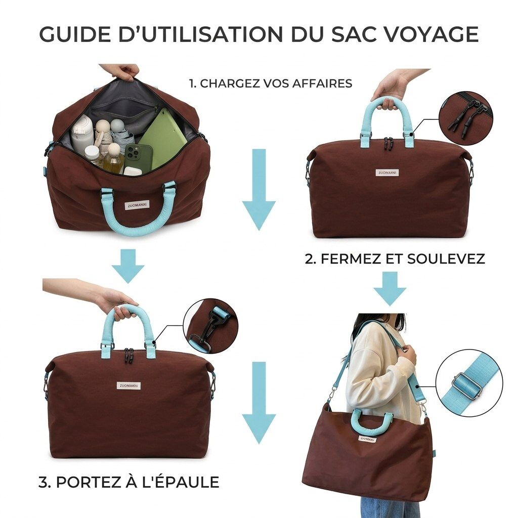 Grand sac de voyage en tissu avec fermeture éclair et sangles multiples