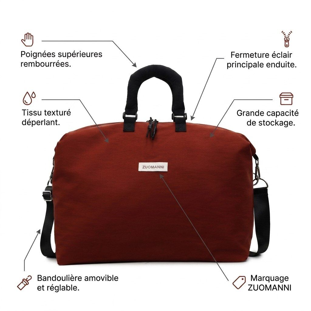 Grand sac de voyage en tissu souple avec fermeture éclair