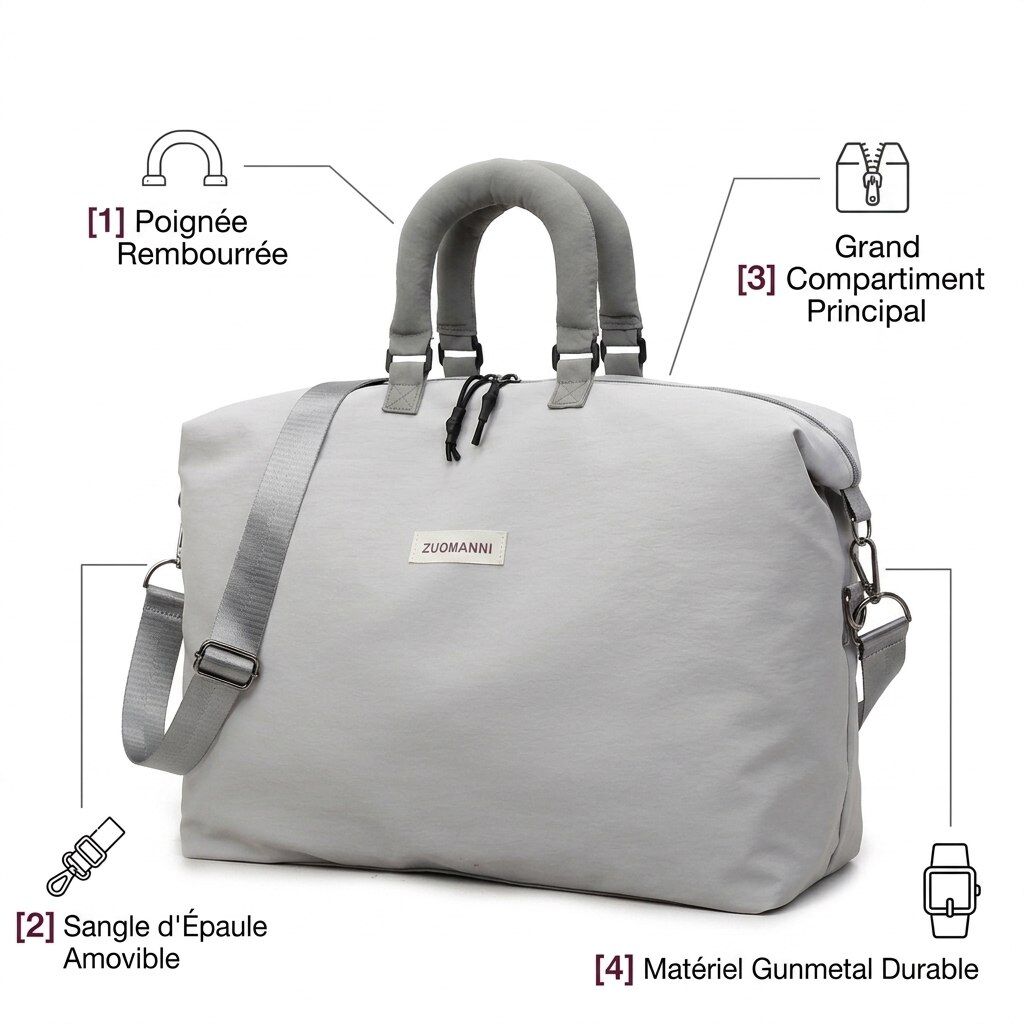 Grand sac de voyage en tissu avec fermeture éclair et multiples sangles