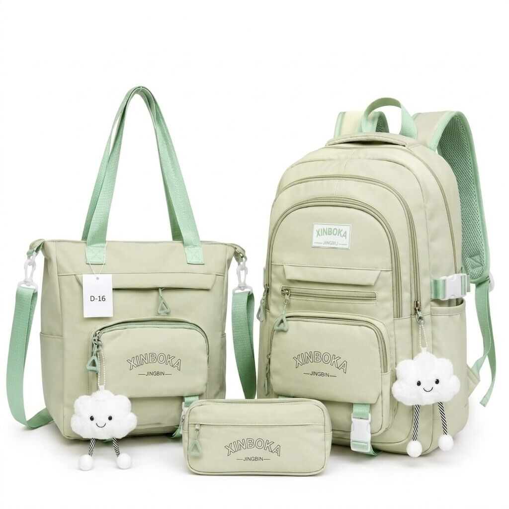 Ensemble 3 Pièces Sac À Dos, Sac À Main Bandoulière Et Trousse – Vert Clair