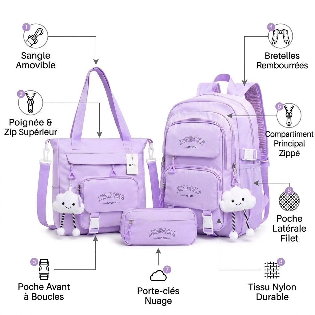 Ensemble 3 Pièces Sac À Dos, Sac À Main Bandoulière Et Trousse