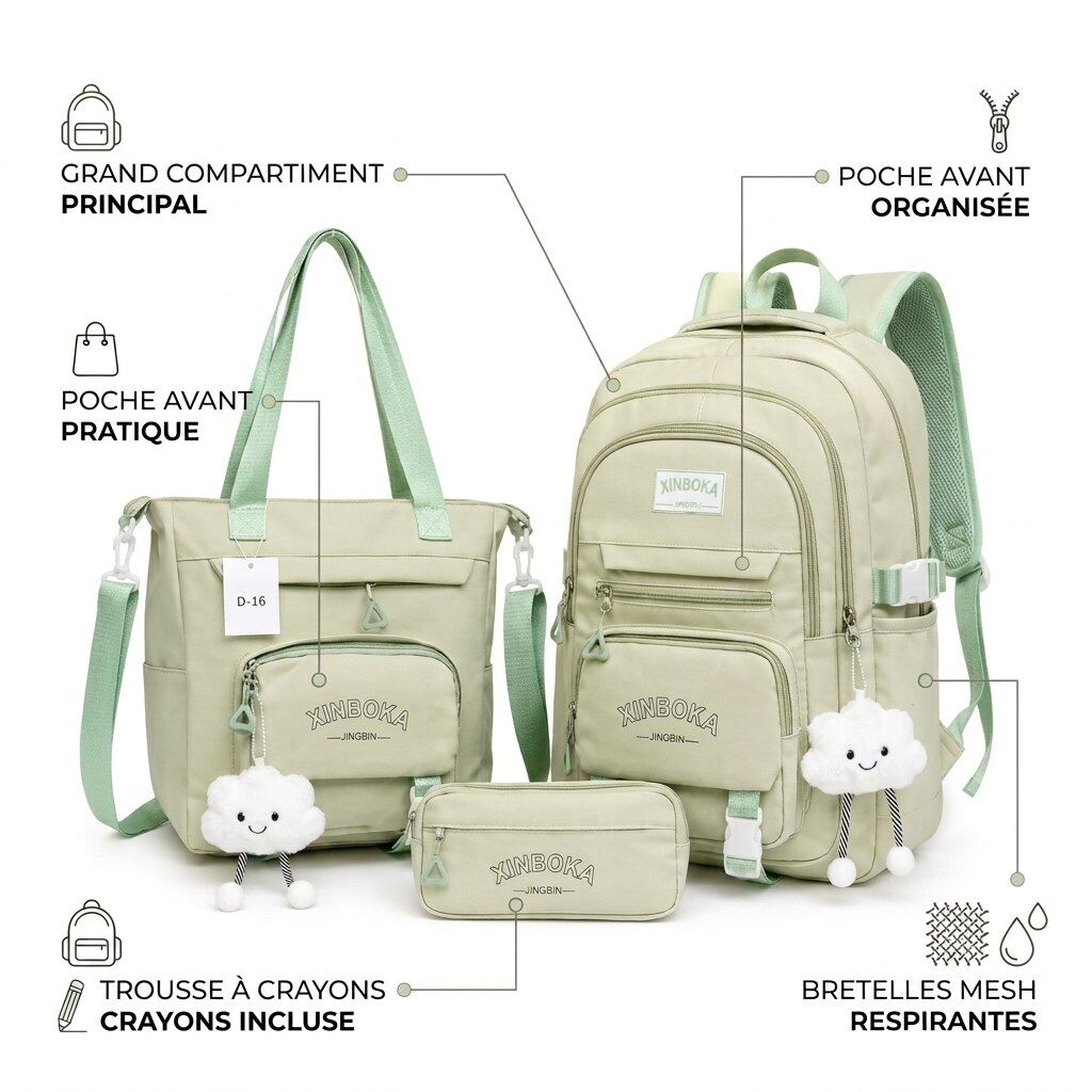 Ensemble 3 Pièces Sac À Dos, Sac À Main Bandoulière Et Trousse – Vert Clair