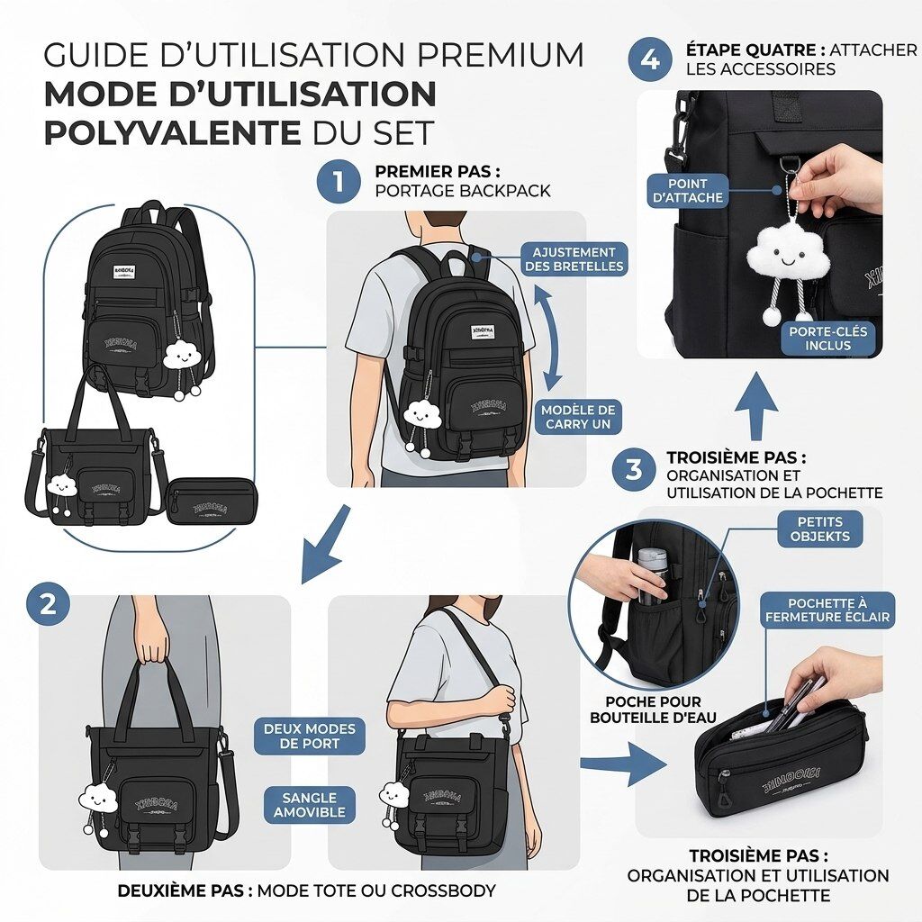 Ensemble 3 Pièces Sac à Dos, Sac à Main Bandoulière et Trousse  thumbnail 4