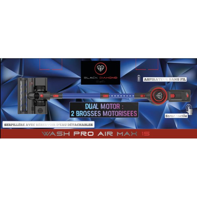 Wash Pro Air Max 15 : Aspirateur sans fil avec 2 Brosses motorisées + Serpillère avec réservoir d'eau