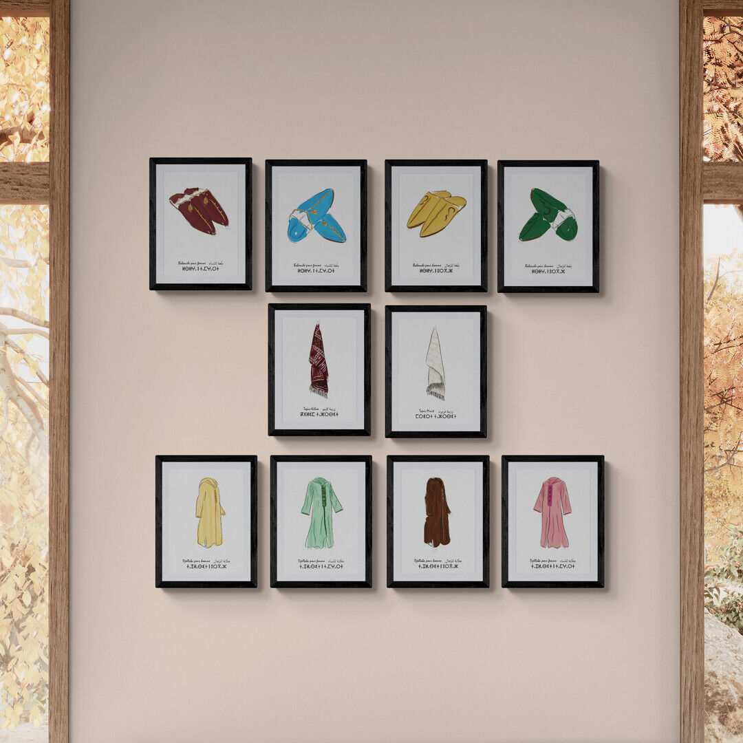 Collection intégrale des 10 affiches babouches/djellabas/tapis en format A4