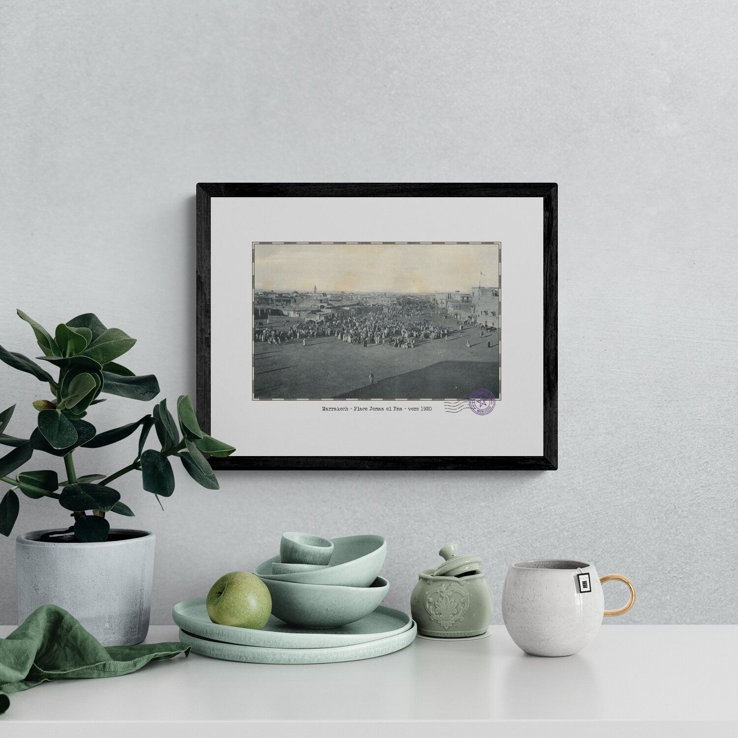Affiche d'une vue ancienne de Marrakech - Place Jemaa el Fna - vers 1920 - reproduction