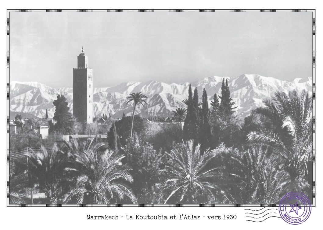 Affiche d'une vue ancienne de Marrakech - La Koutoubia et l'Atlas - vers 1930 - reproduction