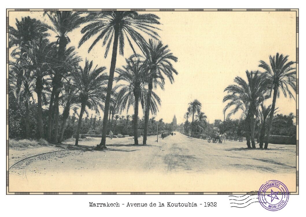 Affiche d'une vue ancienne de Marrakech - Avenue de la Koutoubia 1932 - reproduction