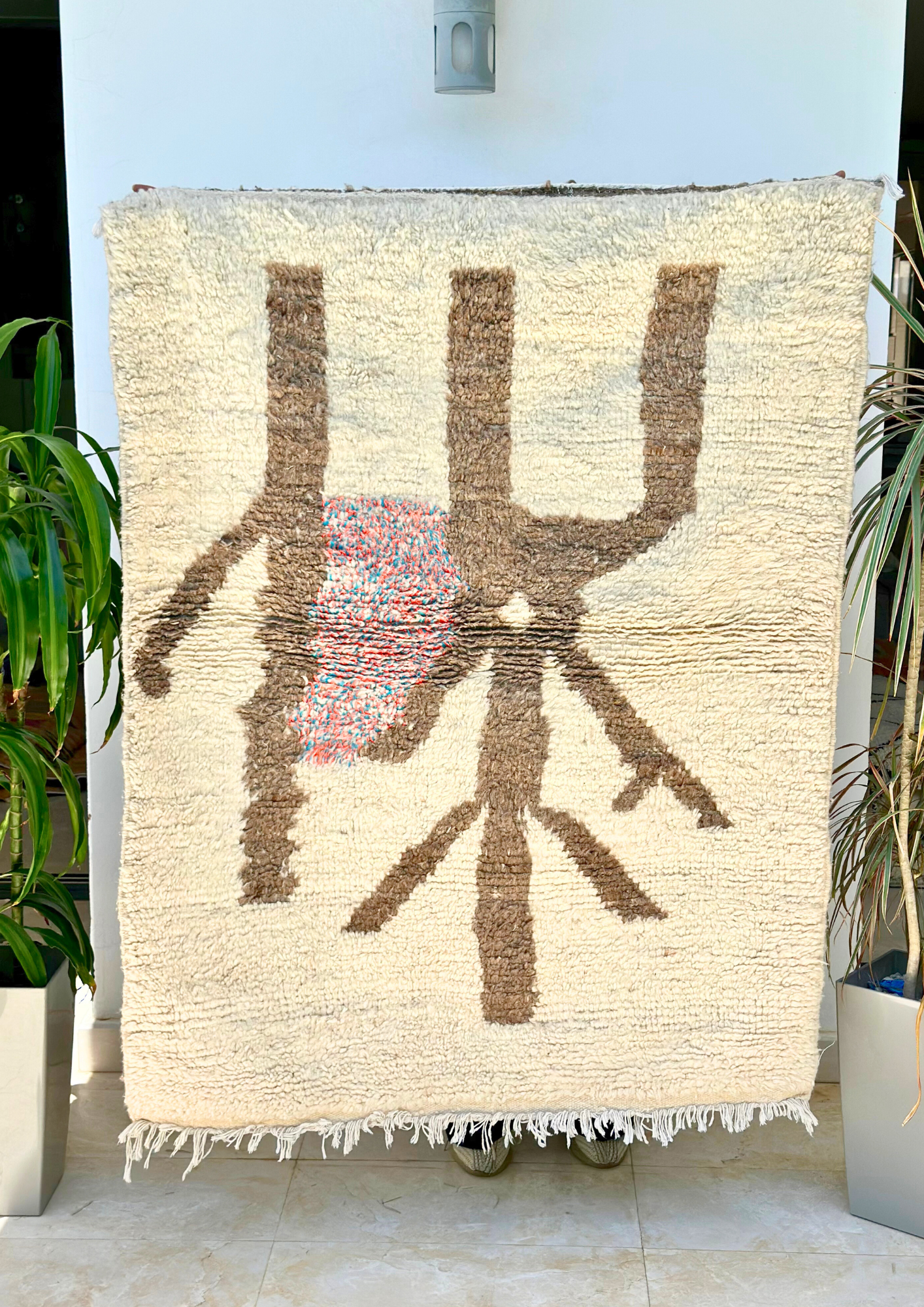 Tapis berbère Mrirt crème et marron 100% laine de mouton