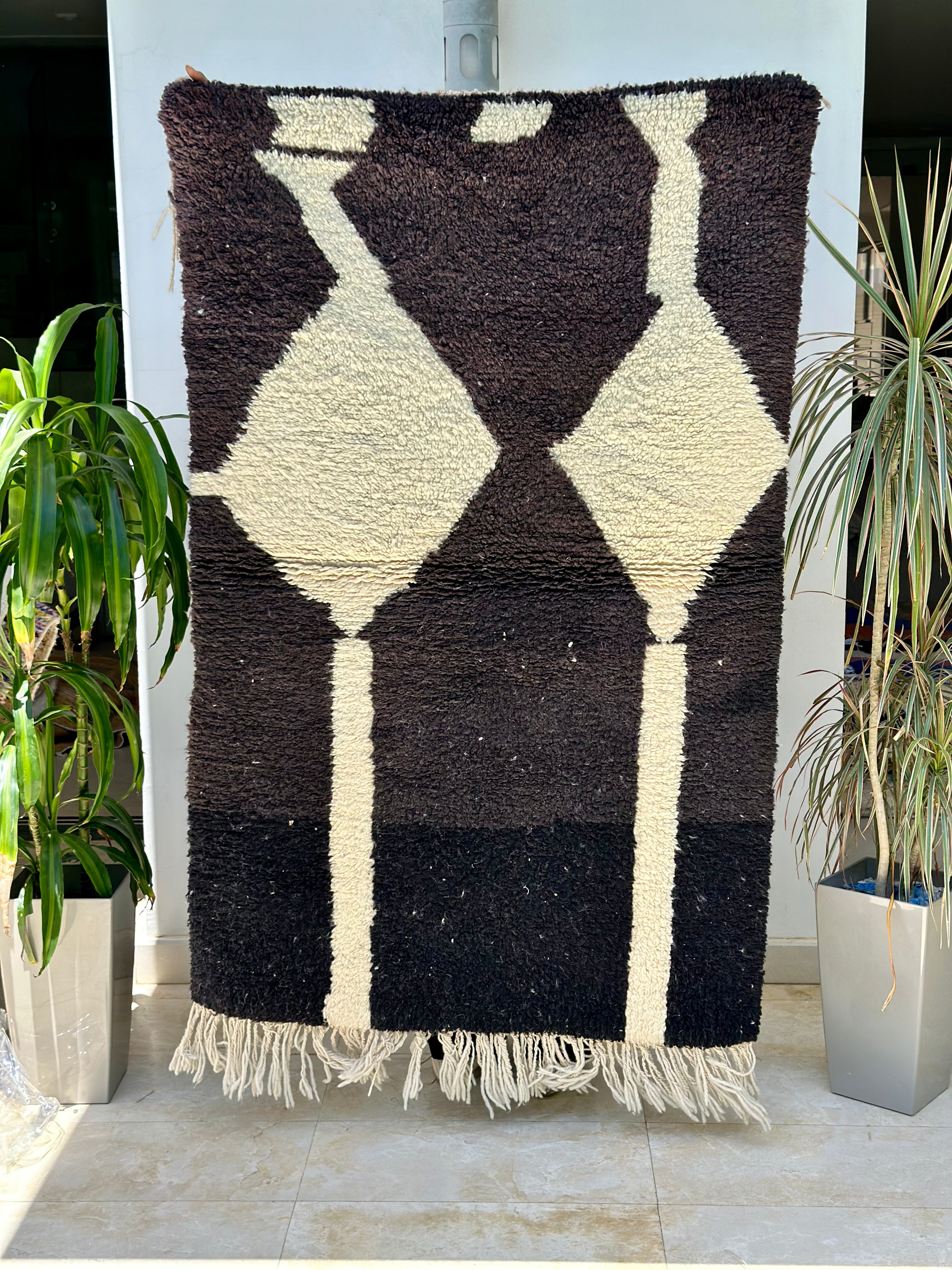 Tapis berbère Beni Ouarain crème noir 100% laine de mouton - 170cm / 110cm