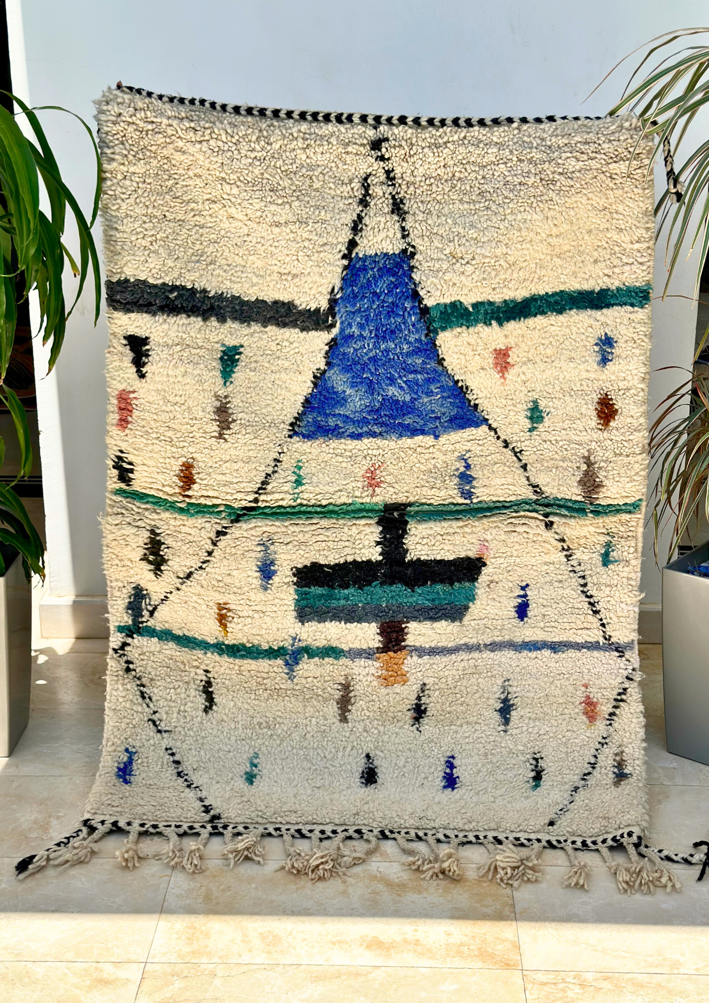 Tapis berbère Azilal crème, bleu 100% laine de mouton 150cm/105cm thumbnail 1