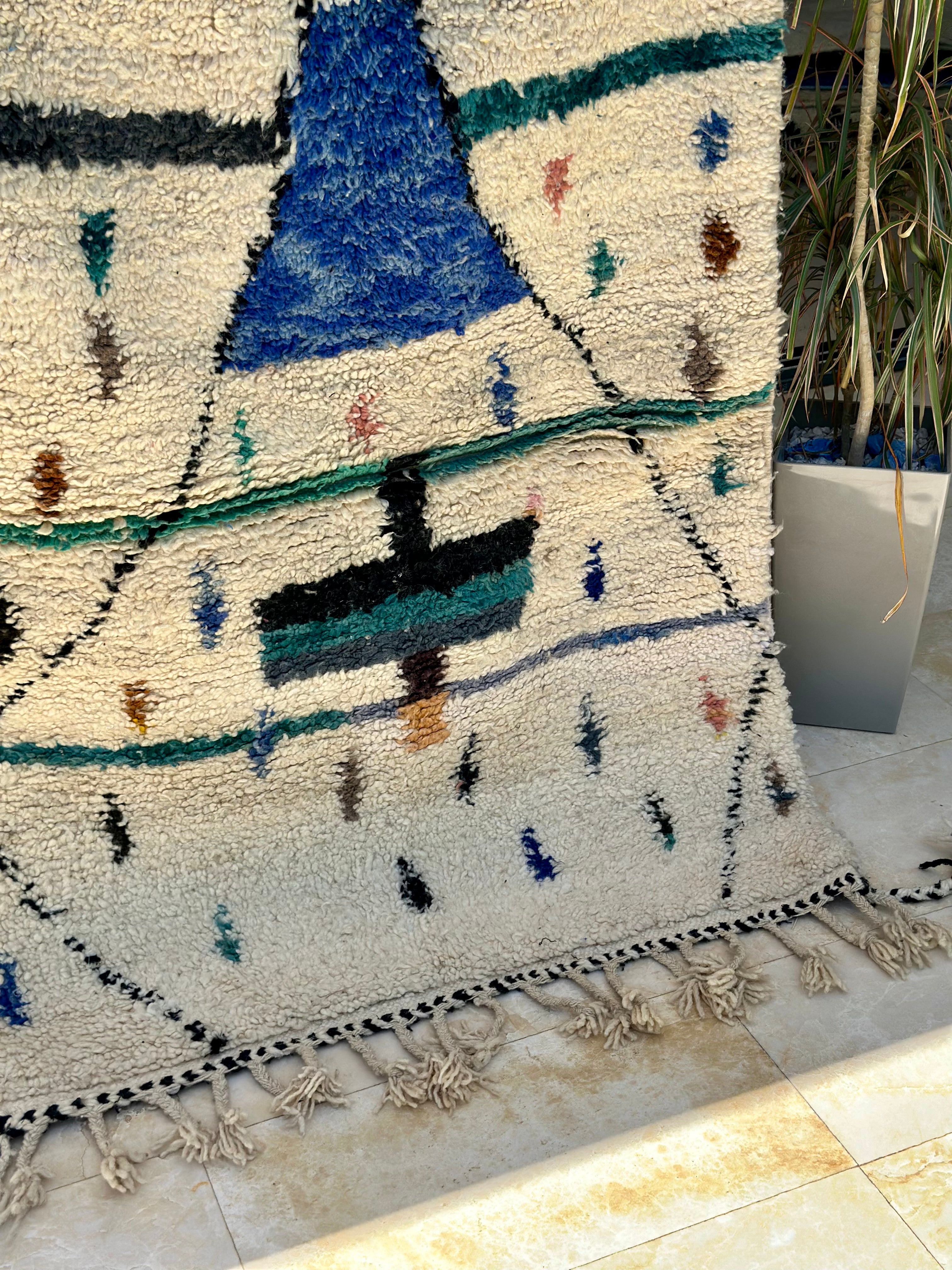 Tapis berbère Azilal crème, bleu 100% laine de mouton 150cm/105cm thumbnail 2