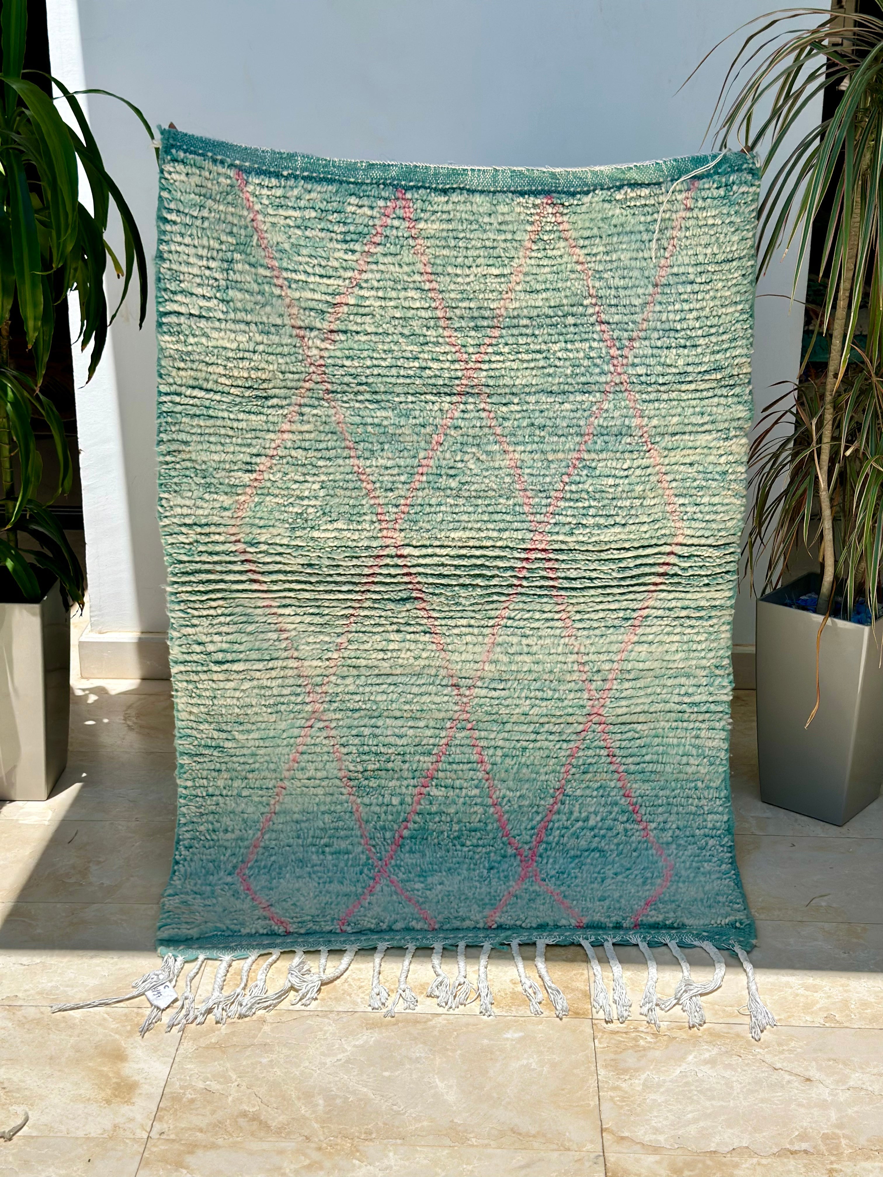 Tapis berbère Beni Ouarain turquoise 100% laine de mouton - 143cm / 97cm