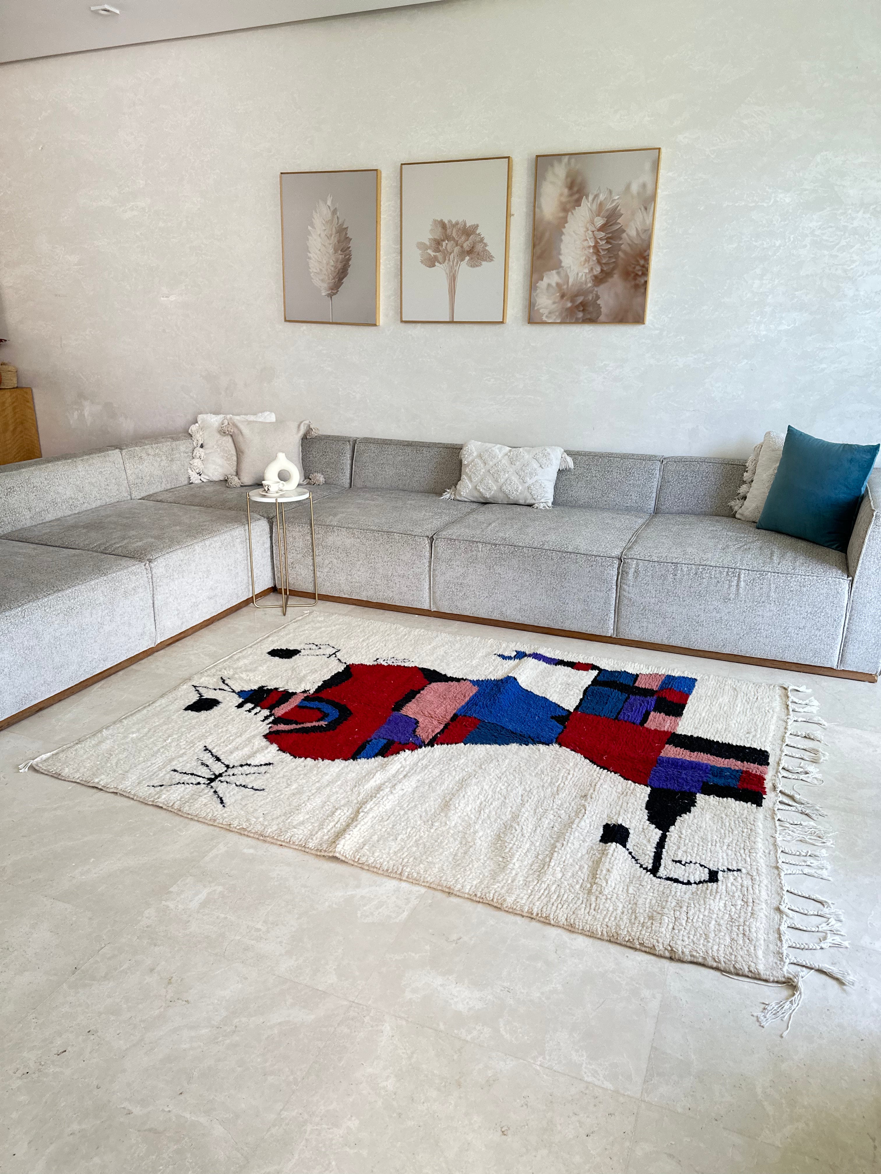 Tapis berbère Azilal crème, rouge et bleu 100% laine de mouton 2,37m/1,69m thumbnail 2