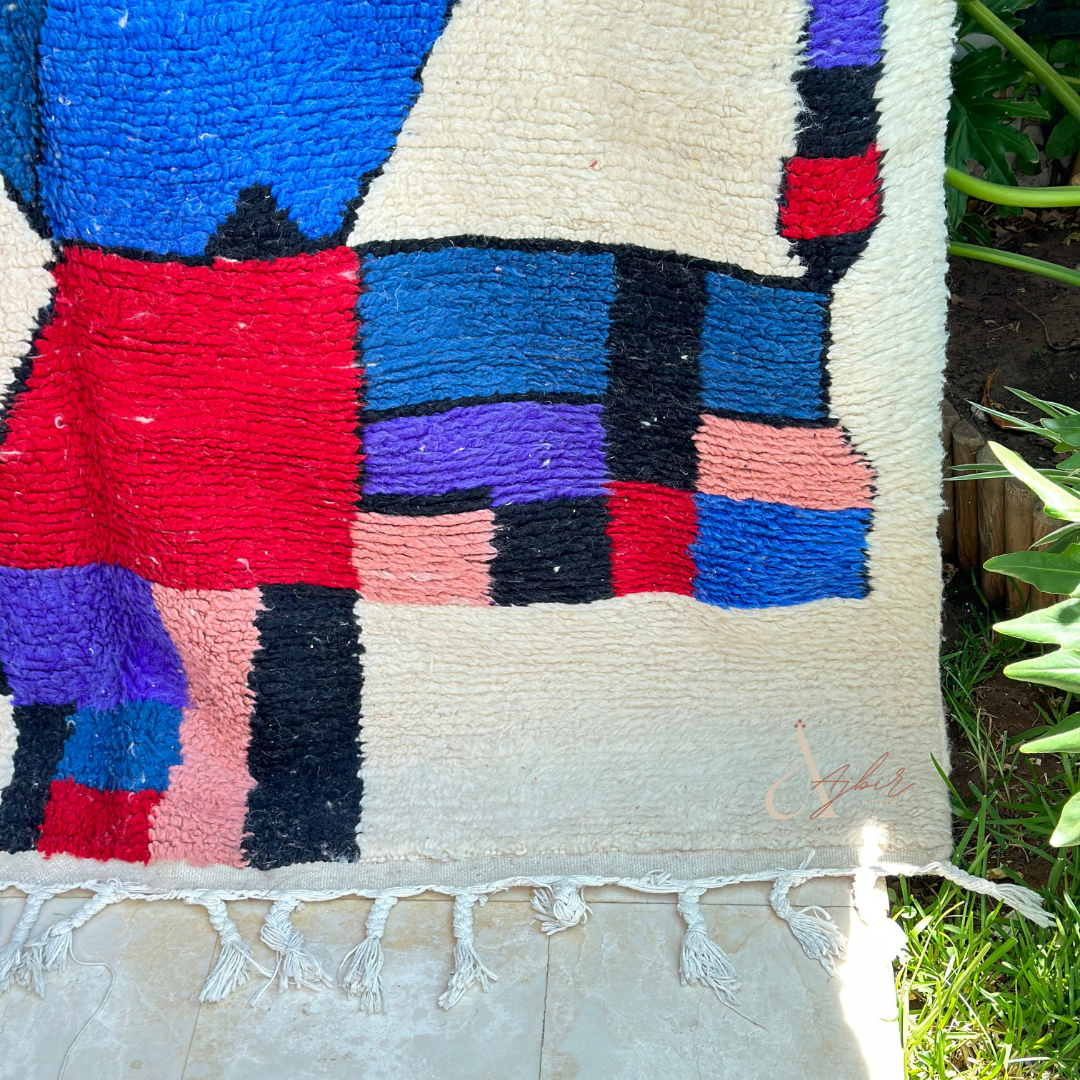 Tapis berbère Azilal crème, rouge et bleu 100% laine de mouton 2,37m/1,69m thumbnail 3