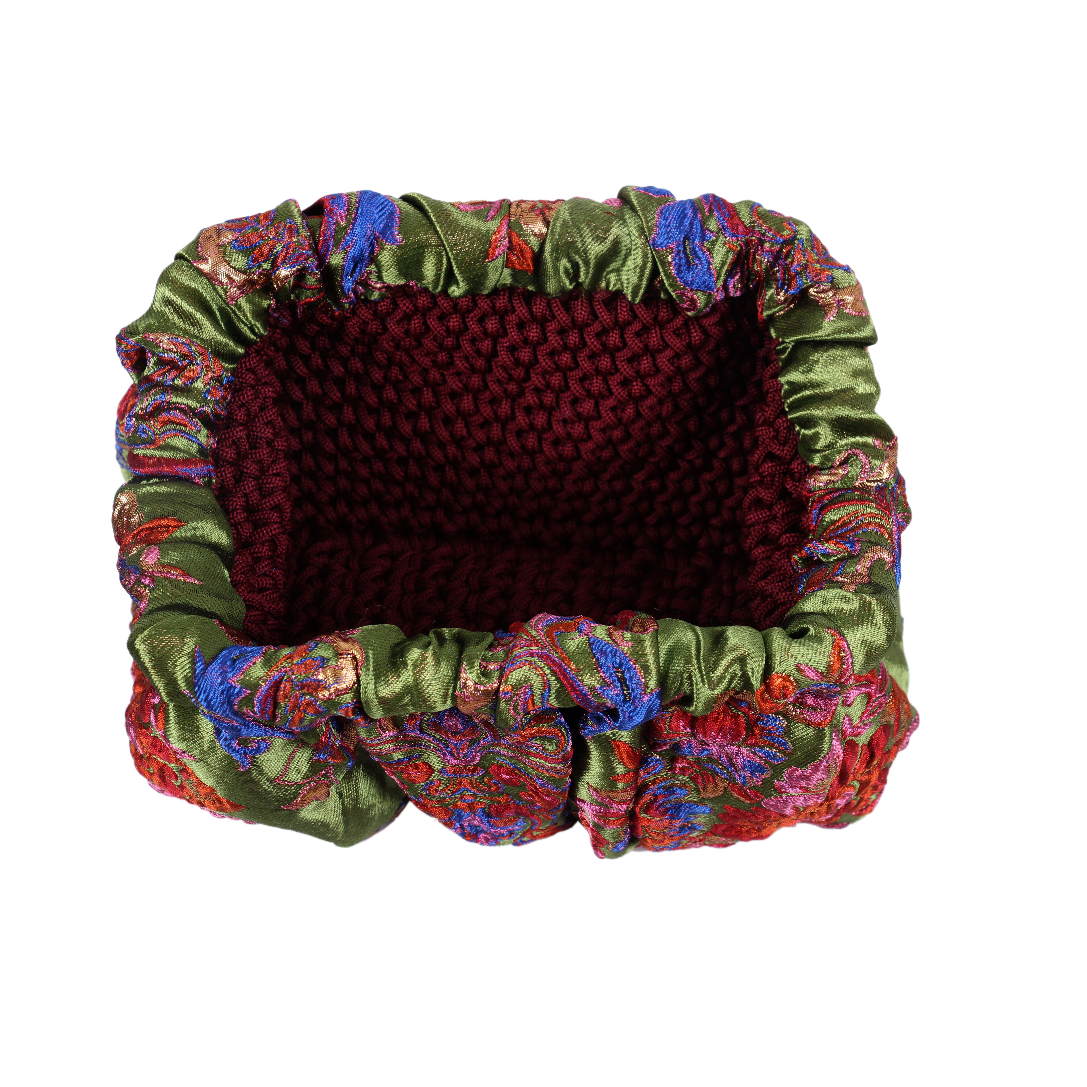 Sac en brocart vert a fleurs bordeaux