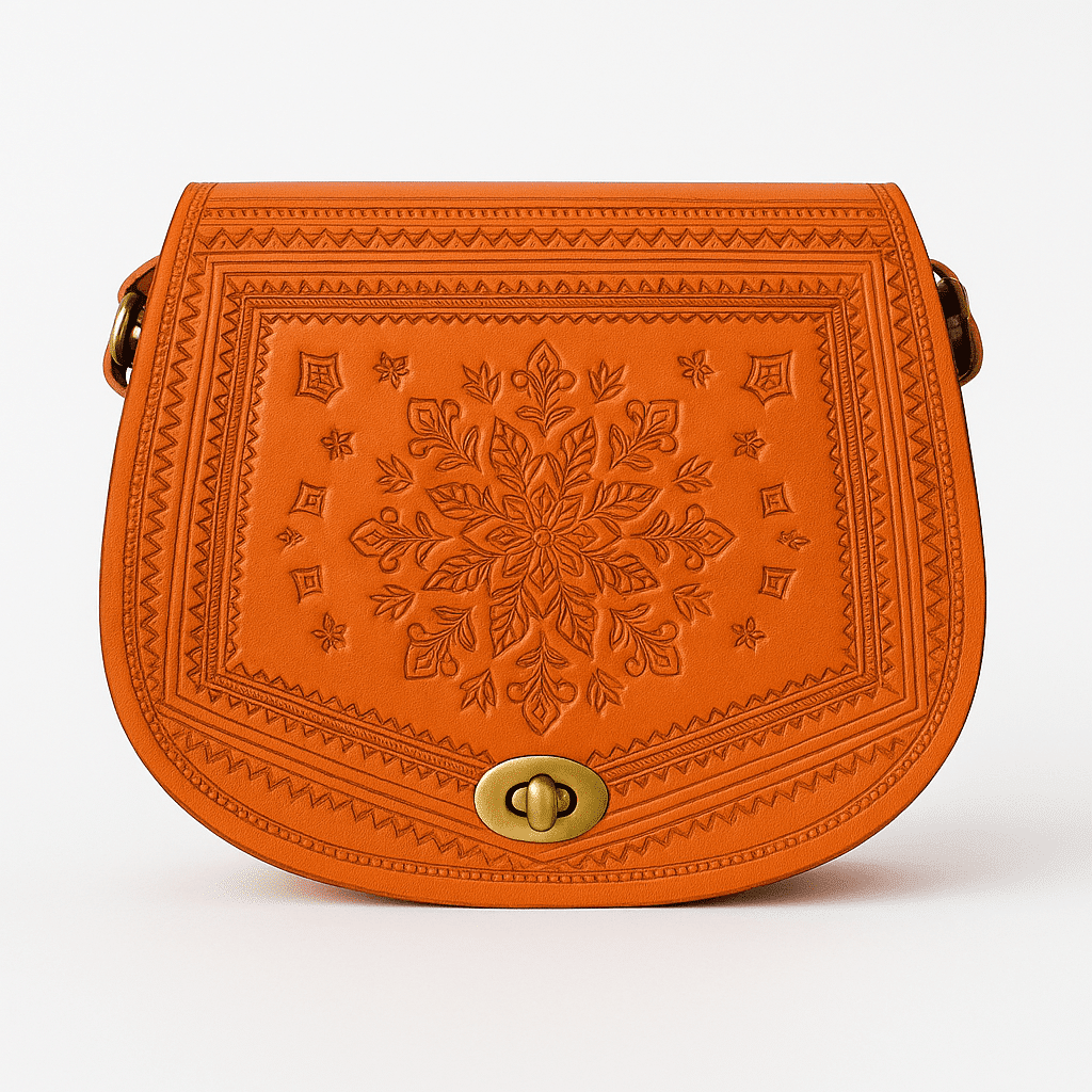 Sacoche en cuir orange gaufré - Design marocain