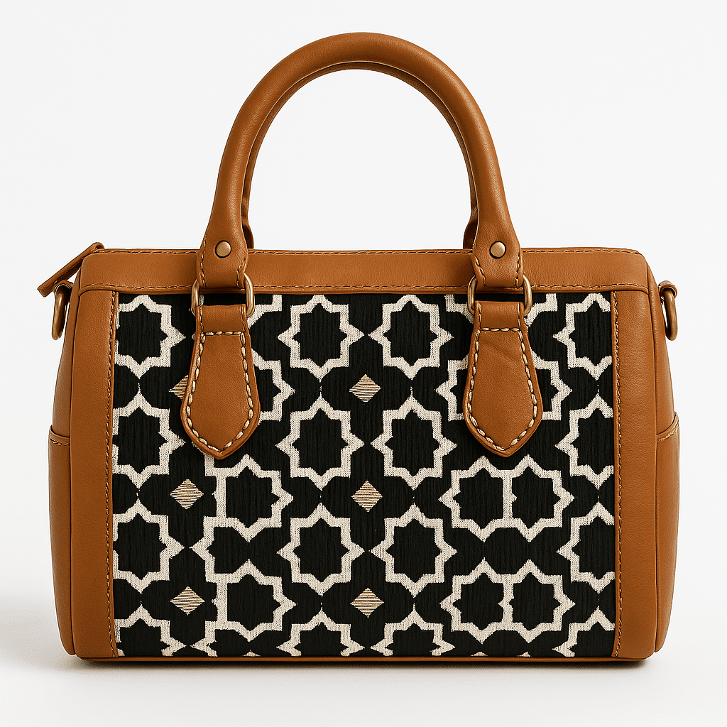 Sac artisanal en cuir fauve avec motif marocain noir