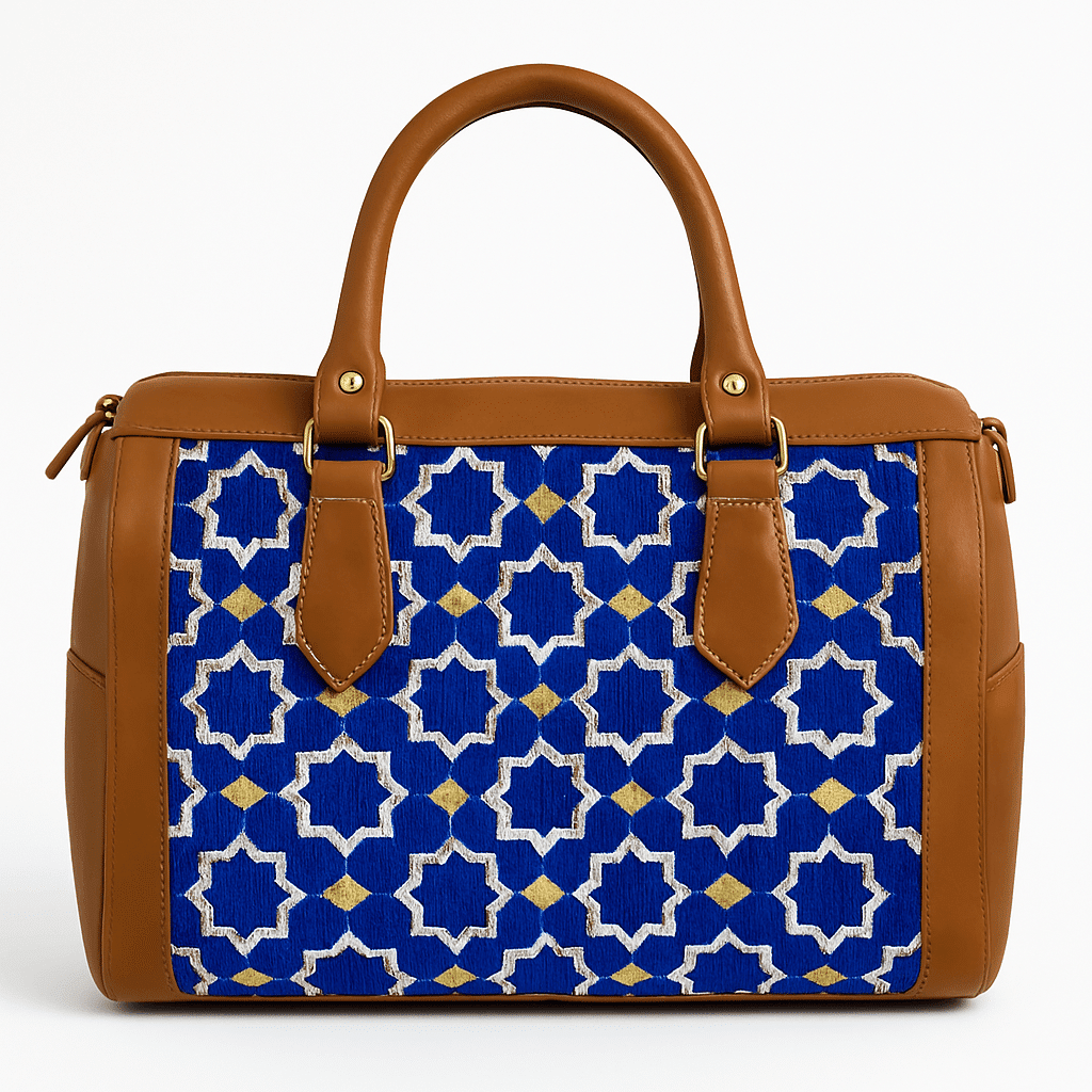 Sac en cuir de couleur havane avec motif marocain bleu