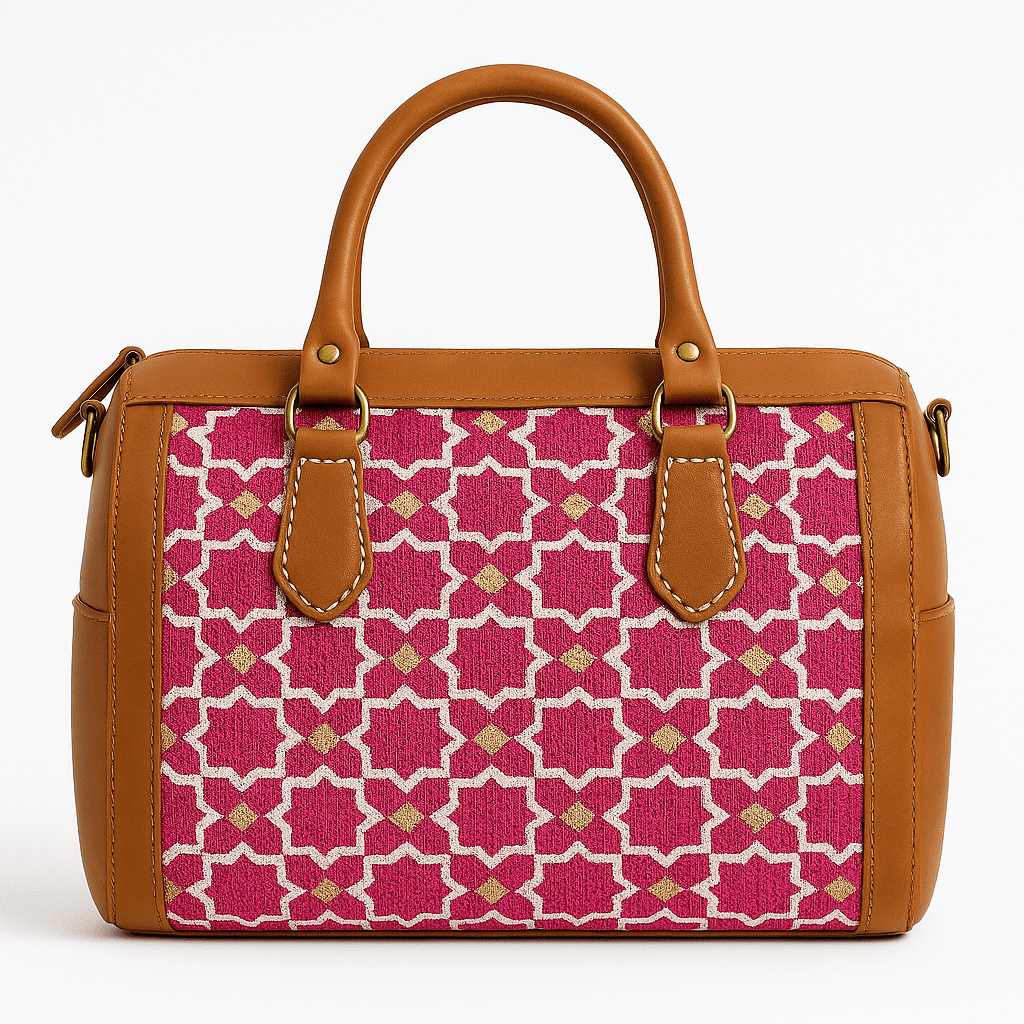 Sac en cuir tan avec motif marocain rose - Pièce unique faite à la main