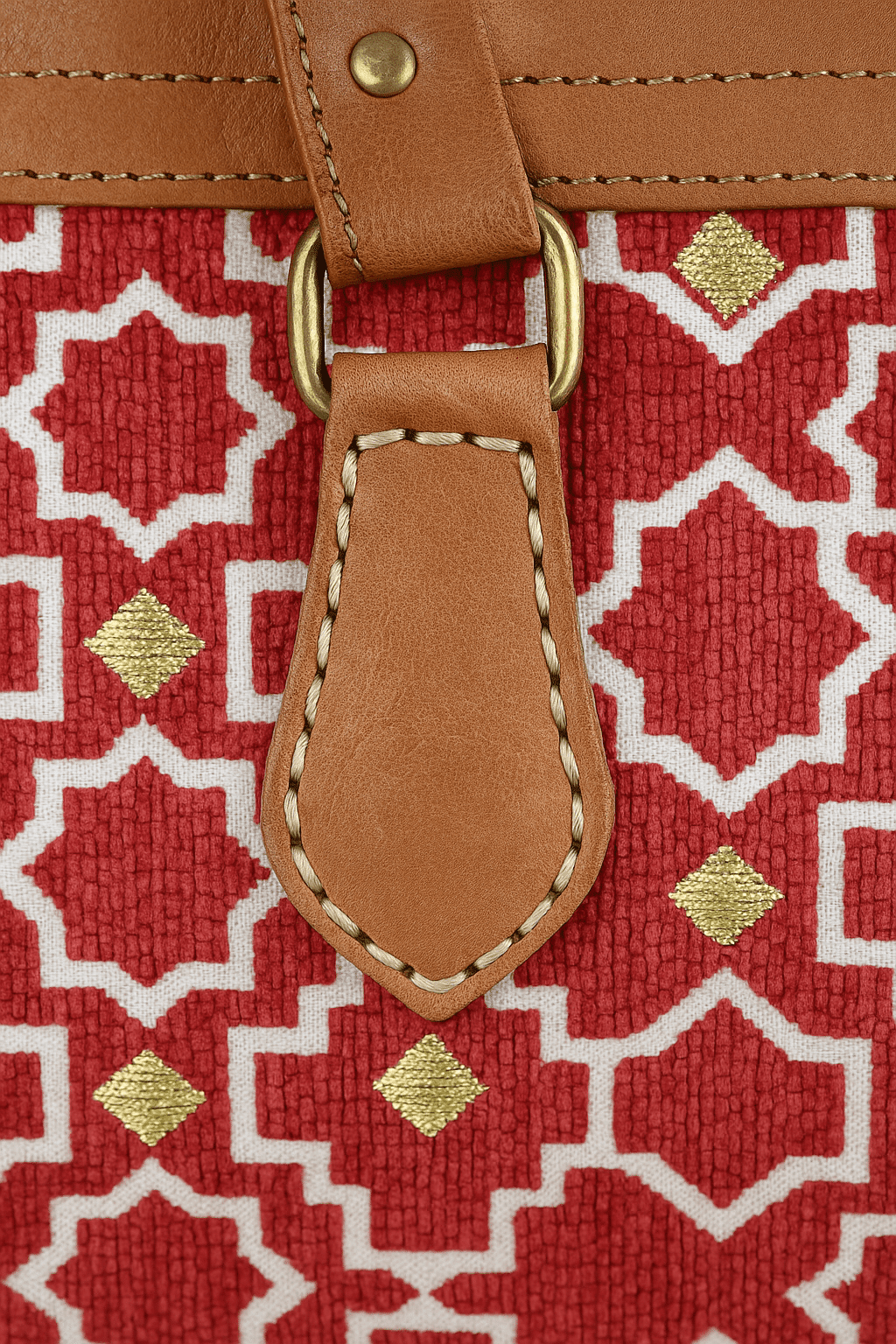 Sac en cuir tan avec motif marocain rose - Pièce unique faite à la main