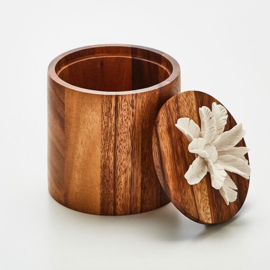 Boîte Décorative En Bois D'acacia Ornée D'une Fleur En Céramique