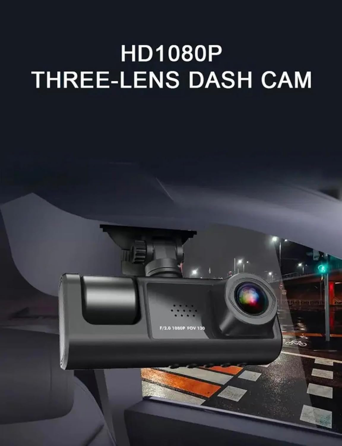 Caméra Embarquée, Enregistreur De Trafic De Bord 3 Voies Super Hd 1296p Avec Application Mobile Et Wi-fi