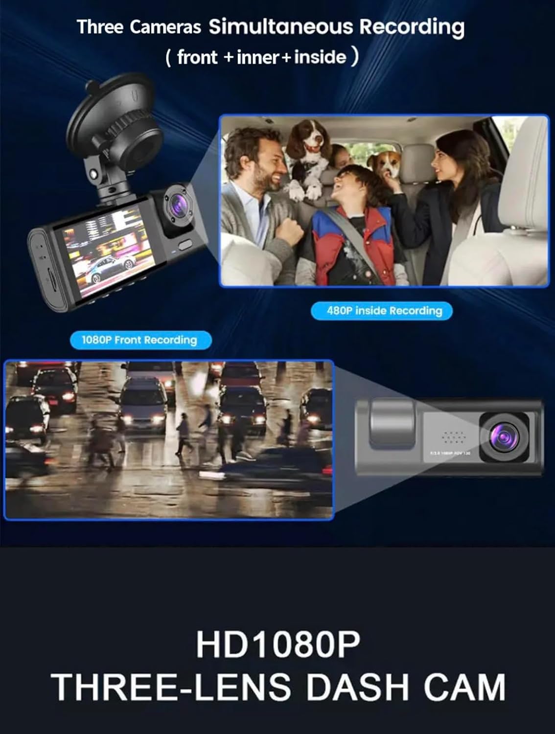 Caméra Embarquée, Enregistreur De Trafic De Bord 3 Voies Super Hd 1296p Avec Application Mobile Et Wi-fi